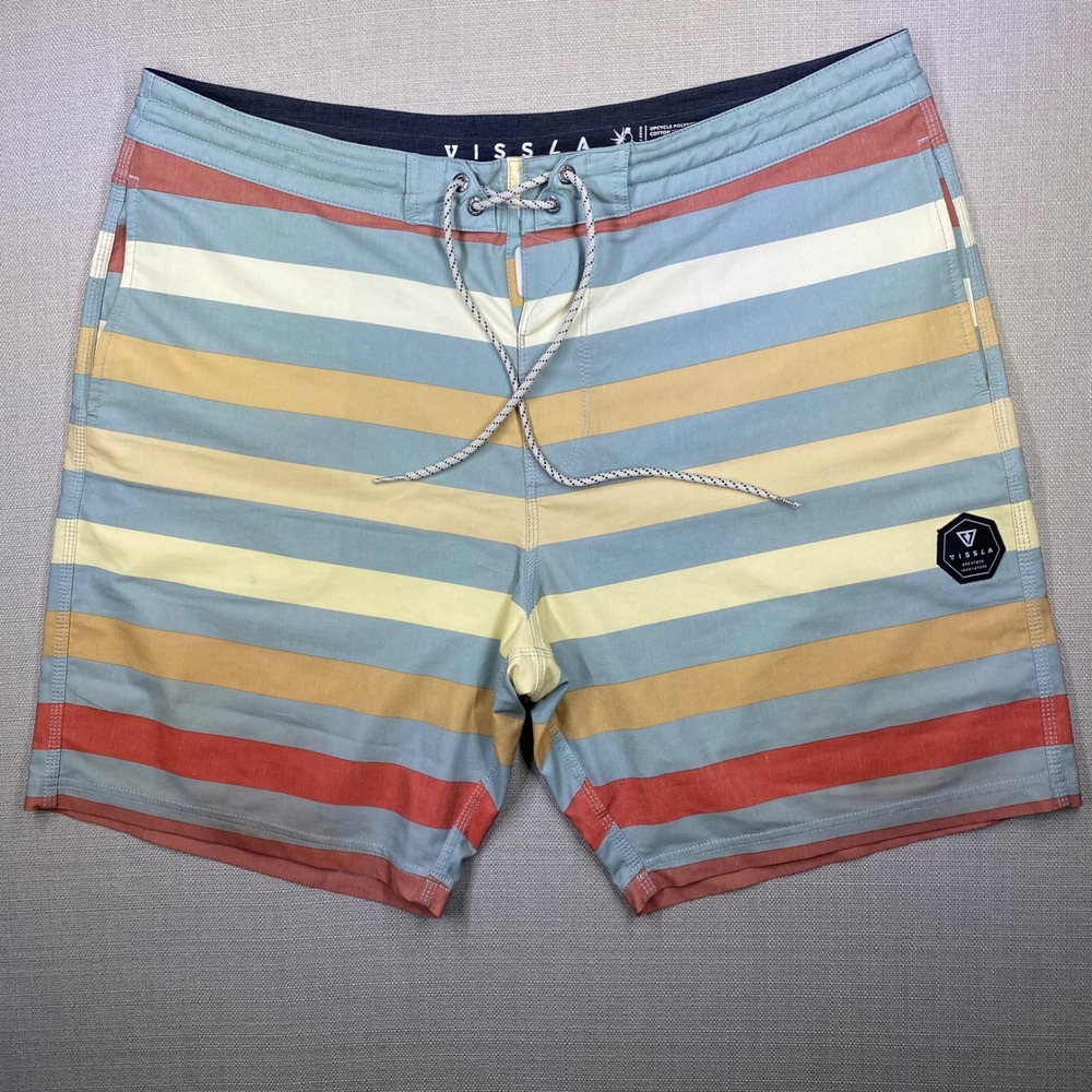 Vissla Mens Striped Board Shorts Size 38 Surf Trunks Multi w/ Pocket